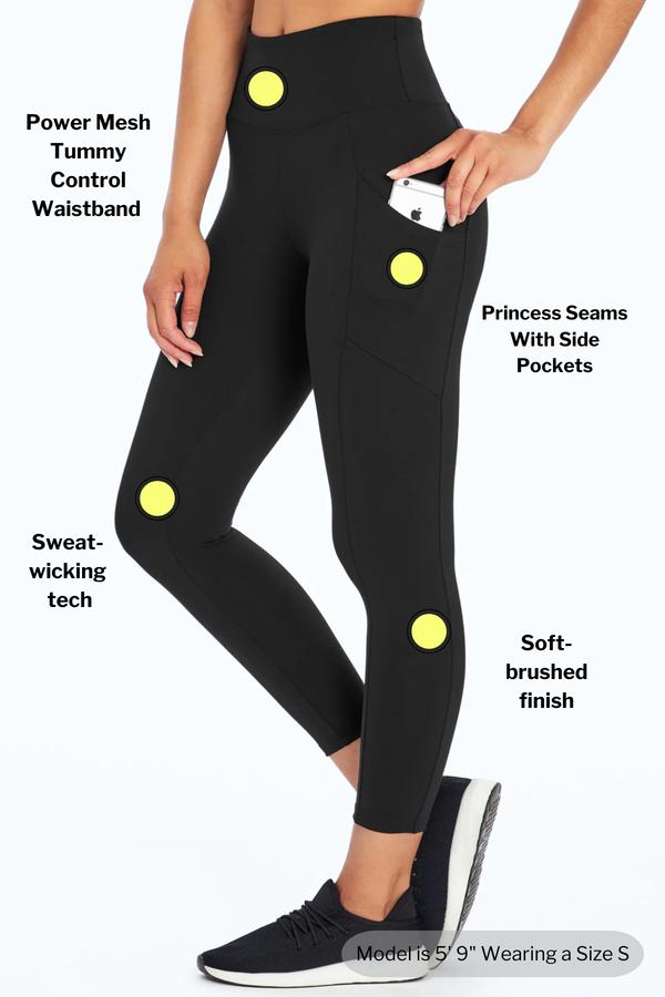 Drew Side Pocket Tummy Control Mid Calf Capri, close-up view of fabric and stitching, showing visible design features and texture of the soft knit.. #color_black