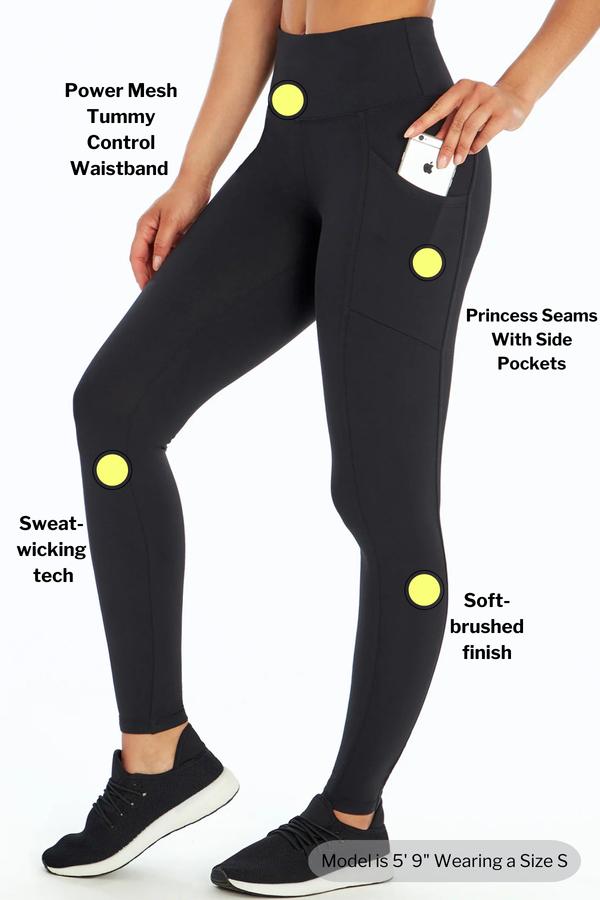 Cameron Side Pocket Tummy Control Legging, alternate angle view, showing visible design features and texture of the stretch knit fabric.. #color_black