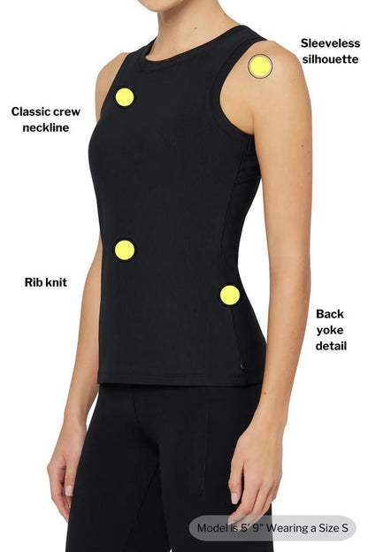 Janie Rib Tank, close-up view of fabric and stitching, showing visible design features and texture of the soft knit fabric.. 