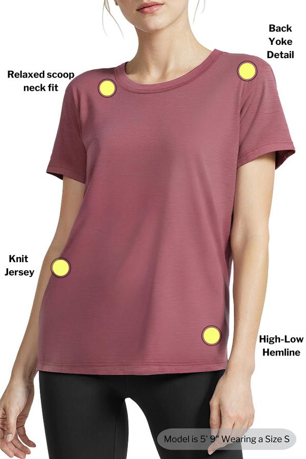 Harmony Short Sleeve Tee, alternate angle view, showing visible design features and texture of the soft knit fabric.. 