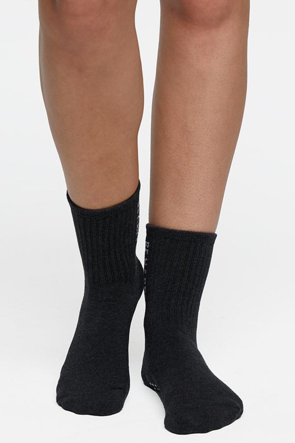 2 Pack Hailey Mid Crew Socks, alternate angle view, showing visible design features and texture of the soft knit fabric.. #color_heather-black-heather-white