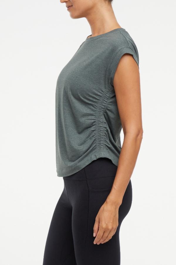 Zoey Short Sleeve Top, close-up view of fabric and stitching, showing visible design features and texture of the soft knit fabric.. 