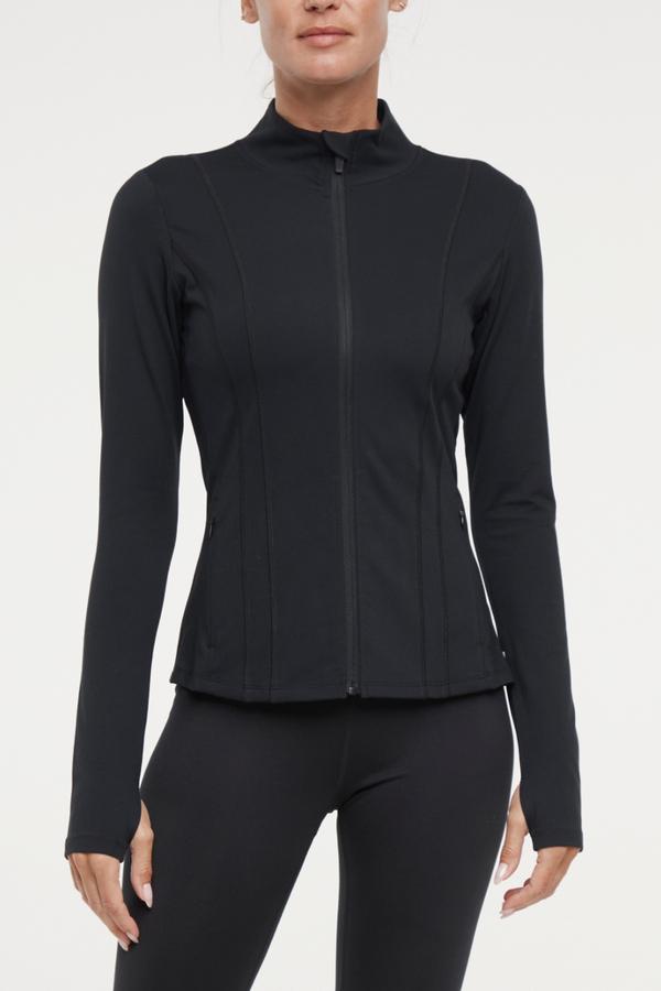 Kate Jacket, alternate angle view, showing visible design features and texture of the smooth woven fabric.. 