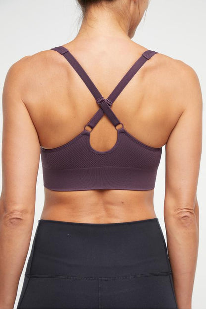 Addie Seamless Sports Bra, alternate angle view, showing visible design features and texture of the soft knit fabric.. 