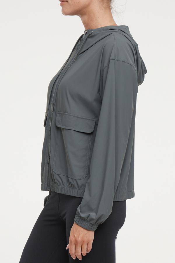 Nori Jacket, alternate angle view, showing visible design features and texture of the smooth woven fabric.. 