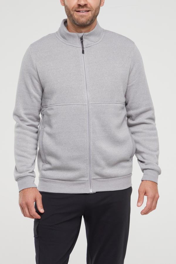 Balance Collection For Men Ace Fleece Jacket, close-up view of fabric and stitching, showing visible design features and texture of the smooth woven.. #color_light-heather-grey