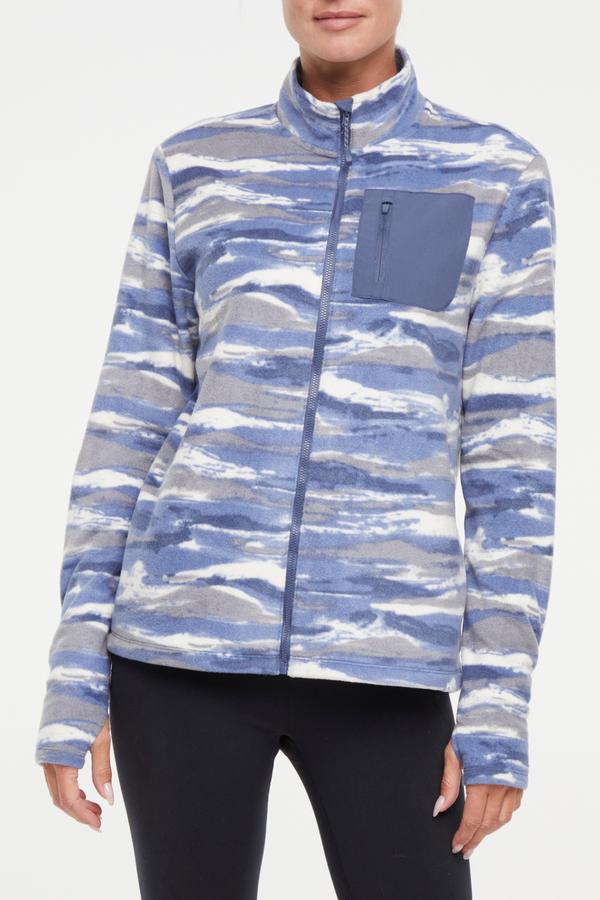 Treeline Fleece Jacket - Vintage Indigo, alternate angle view, showing visible design features and texture of the smooth woven fabric.. #color_vintage-indigo-mountain-ridges