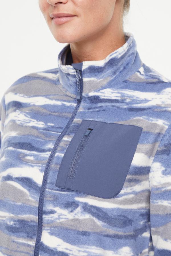 Treeline Fleece Jacket - Vintage Indigo, alternate angle view, showing visible design features and texture of the smooth woven fabric.. #color_vintage-indigo-mountain-ridges