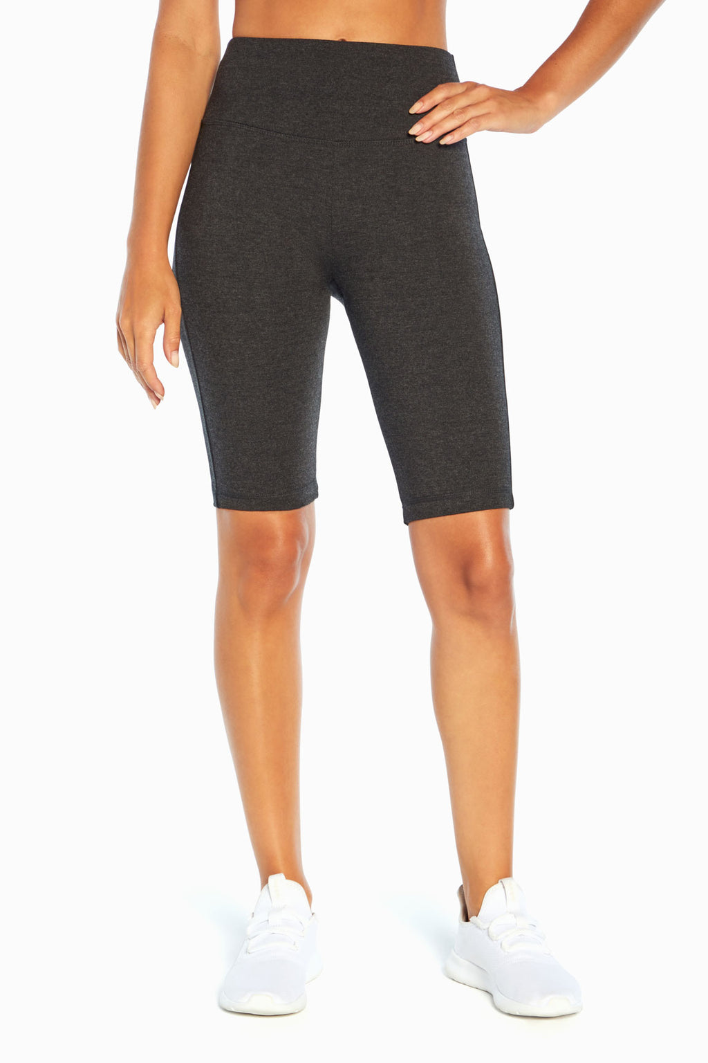 Becca Tummy Control Bermuda Shorts - Heather Charcoal, alternate angle view, showing visible design features and texture of the soft knit fabric. #color_heather-charcoal