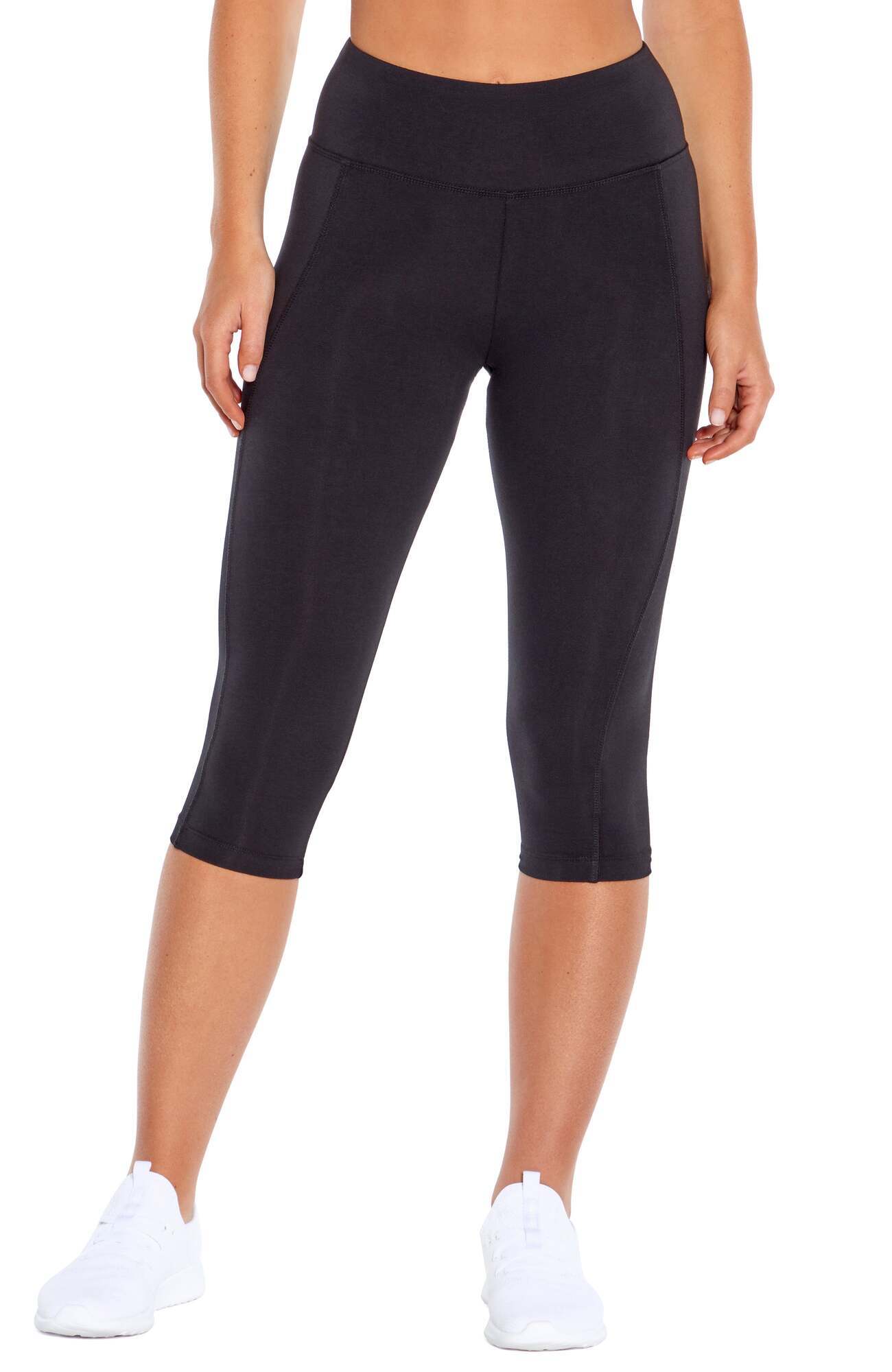 Carrie Slimming Capri, alternate angle view, showing visible design features and texture of the soft knit fabric.. 