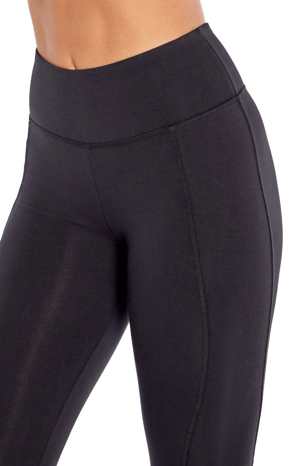 Carrie Slimming Capri, alternate angle view, showing visible design features and texture of the soft knit fabric.. #color_black