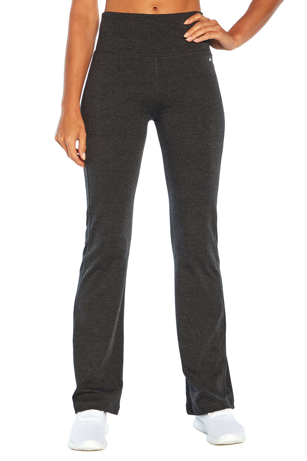 Carrie Tummy Control 32" Pants, alternate angle view, showing visible design features and texture of the durable stretch fabric.. #color_heathered-charcoal