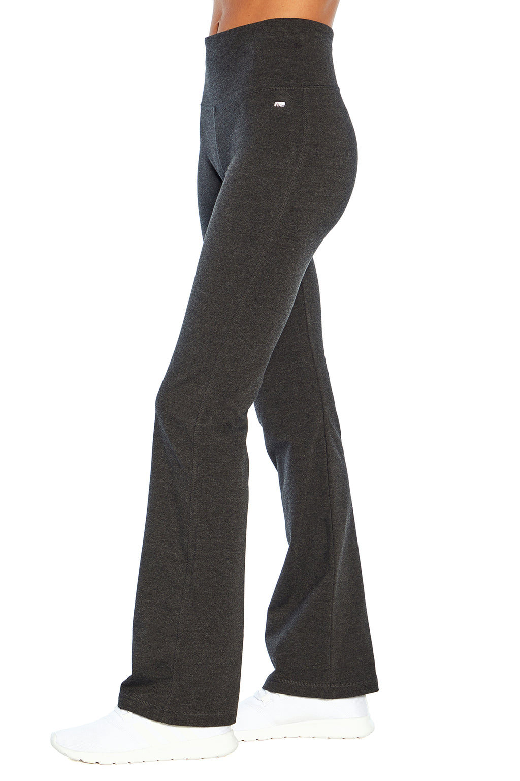 Carrie Tummy Control 32" Pants, alternate angle view, showing visible design features and texture of the durable stretch fabric.. #color_heathered-charcoal