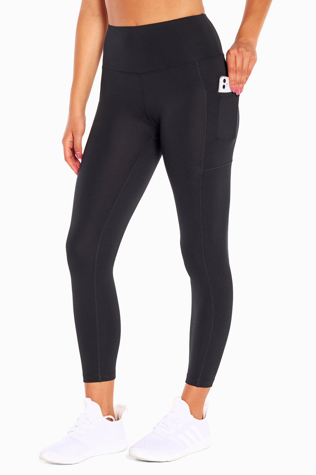 High Rise Side Pocket Ankle Legging - Black, front view, showing visible design features and texture of the stretch knit fabric.. #color_black