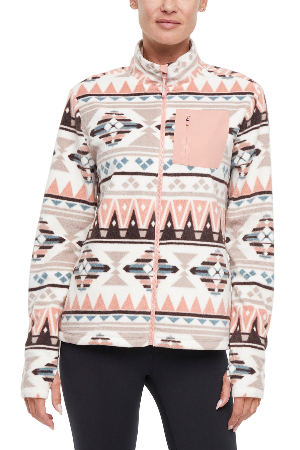Treeline Fleece Jacket - Cameo Brown Geo Tapestry, close-up view of fabric and stitching, showing visible design features and texture of the smooth. #color_cameo-brown-geo-tapestry