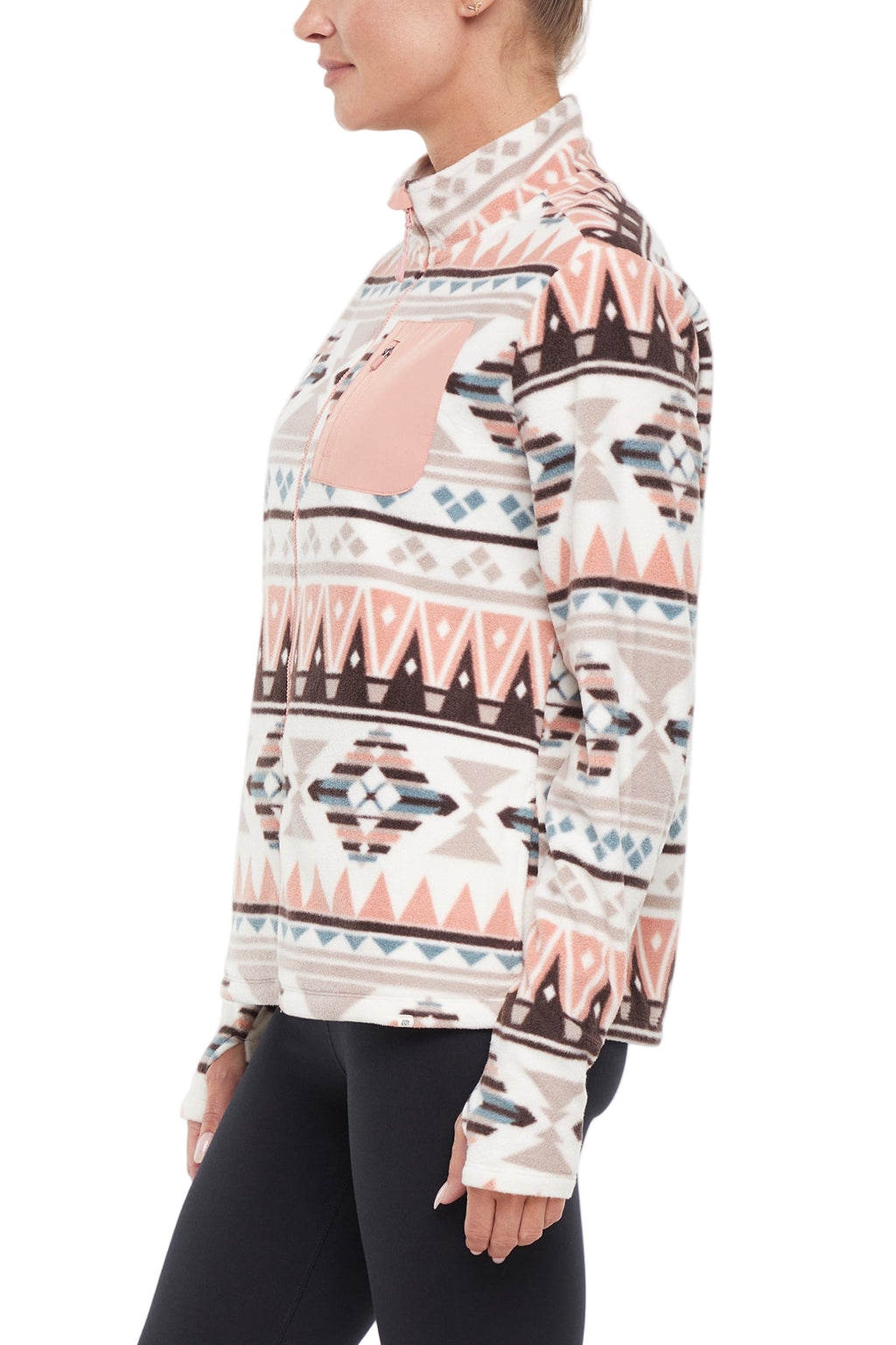 Treeline Fleece Jacket - Cameo Brown Geo Tapestry, alternate angle view, showing visible design features and texture of the smooth woven fabric. #color_cameo-brown-geo-tapestry