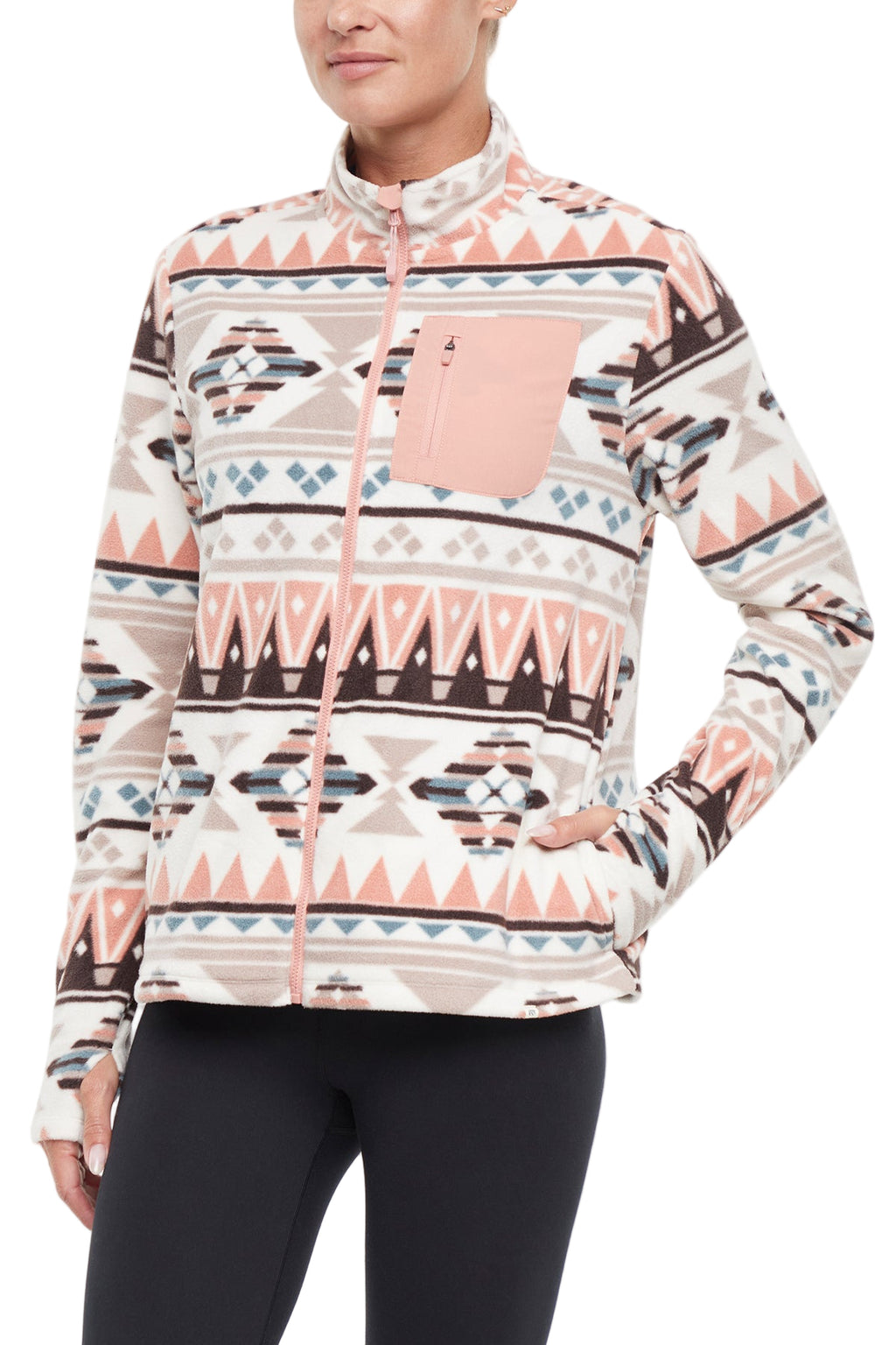 Treeline Fleece Jacket - Cameo Brown Geo Tapestry, front view, showing visible design features and texture of the smooth woven fabric. #color_cameo-brown-geo-tapestry