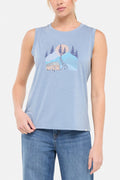Front view of woman wearing a sleeveless light blue shirt with a graphic design of a van and mountains on white background. #color_heather-troposphere-road-trip-van