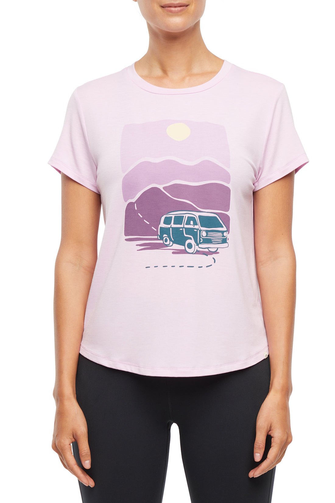 Monica Tee - Heather Orchid Bouquet, front view, showing visible design features and texture of the soft knit fabric..