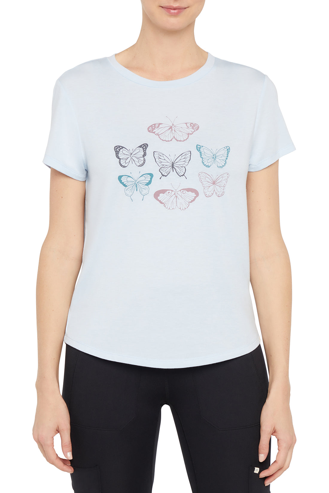 Monica Tee - Heather Skyway Mariposa, front view, showing visible design features and texture of the soft knit fabric..