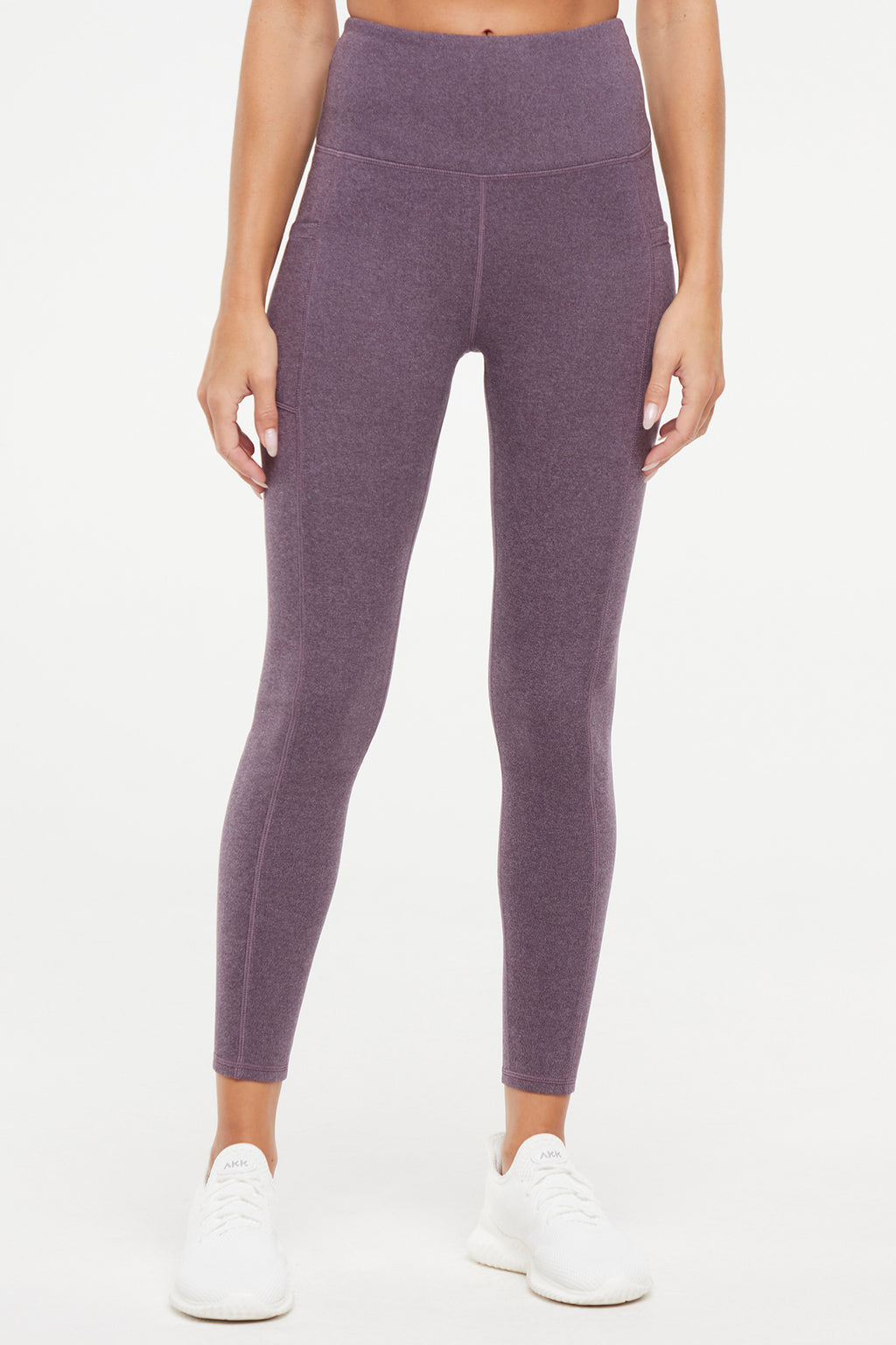 Riley Side Pocket Legging - Heather Plum Perfect, alternate angle view, showing visible design features and texture of the stretch knit fabric.. #color_heather-plum-perfect