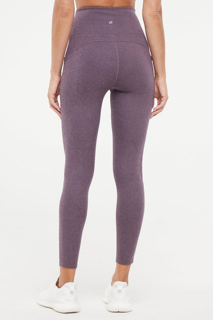 Riley Side Pocket Legging - Heather Plum Perfect, back view, showing visible design features and texture of the stretch knit fabric.. 