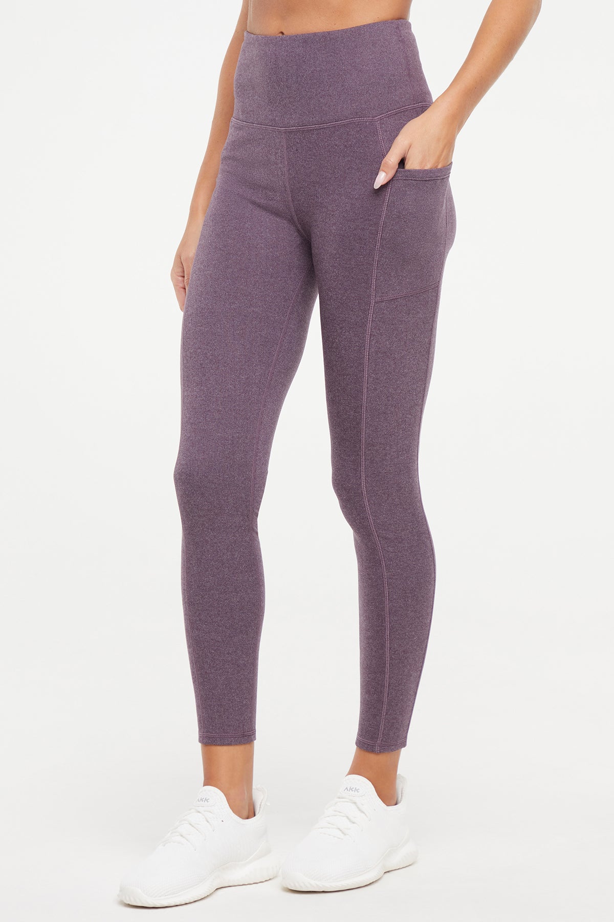 Riley Side Pocket Legging - Heather Plum Perfect, front view, showing visible design features and texture of the stretch knit fabric.. 