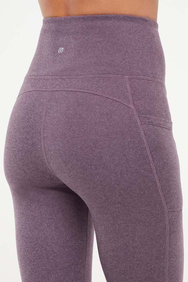 Riley Side Pocket Legging - Heather Plum Perfect, side view showing pocket placement, showing visible design features and texture of the stretch.. 