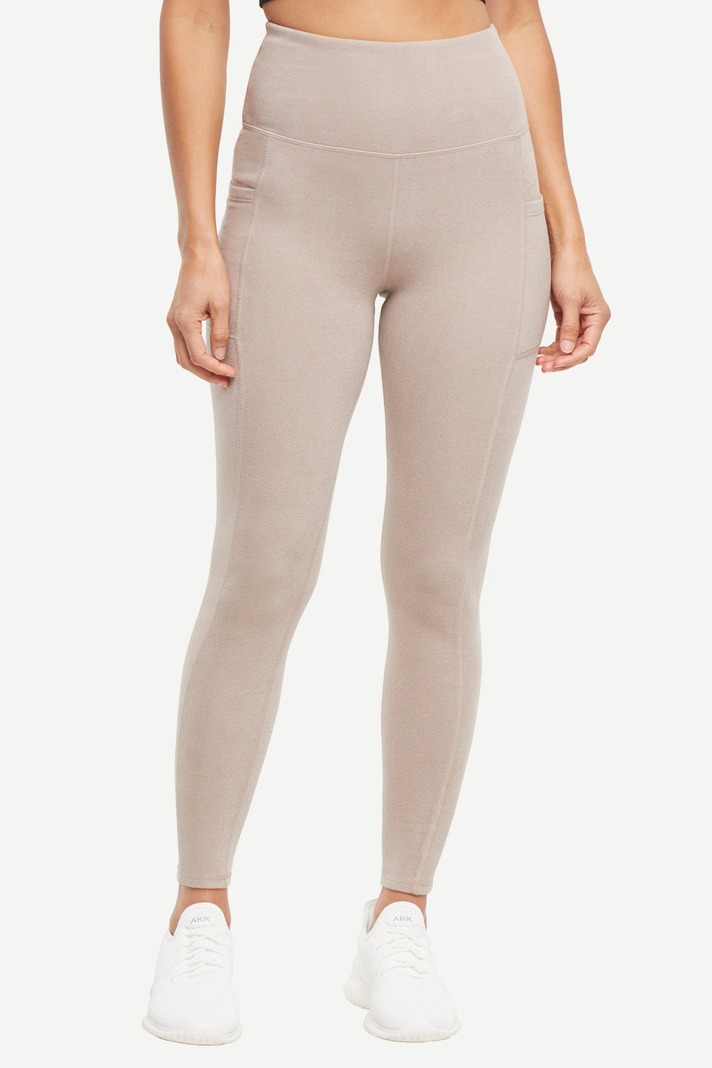 Riley Side Pocket Legging - Heather Atmosphere, close-up view of fabric and stitching, showing visible design features and texture of the stretch.. #color_heather-atmosphere