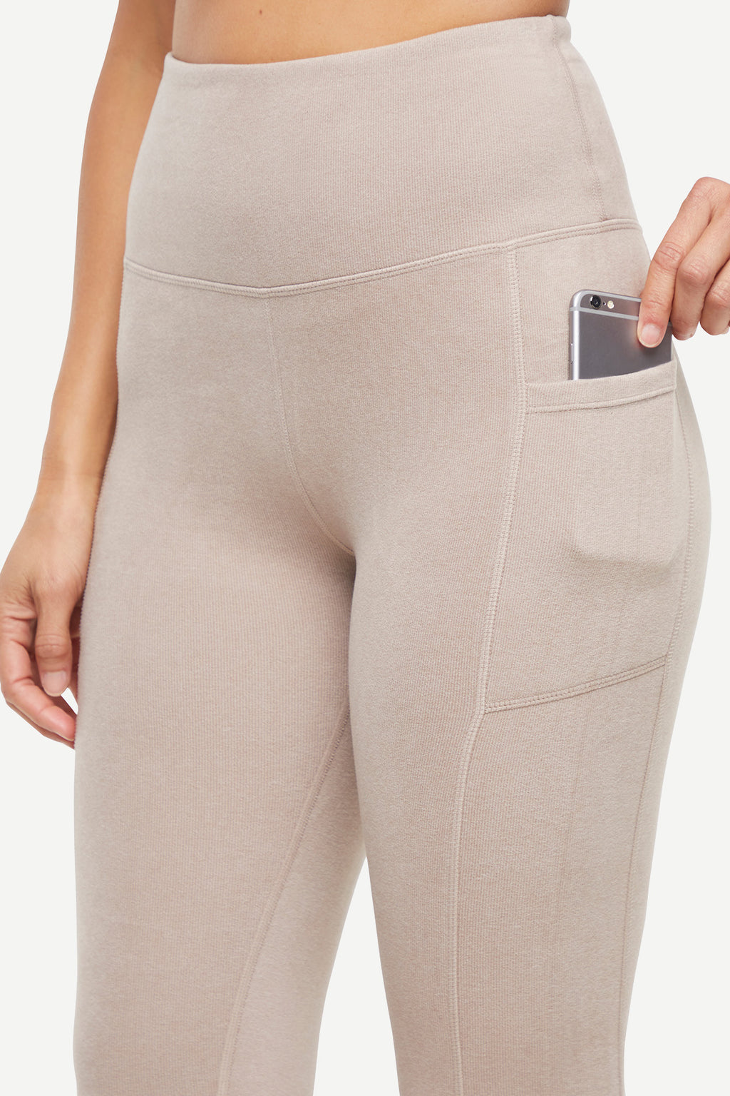 Riley Side Pocket Legging - Heather Atmosphere, alternate angle view, showing visible design features and texture of the stretch knit fabric.. #color_heather-atmosphere