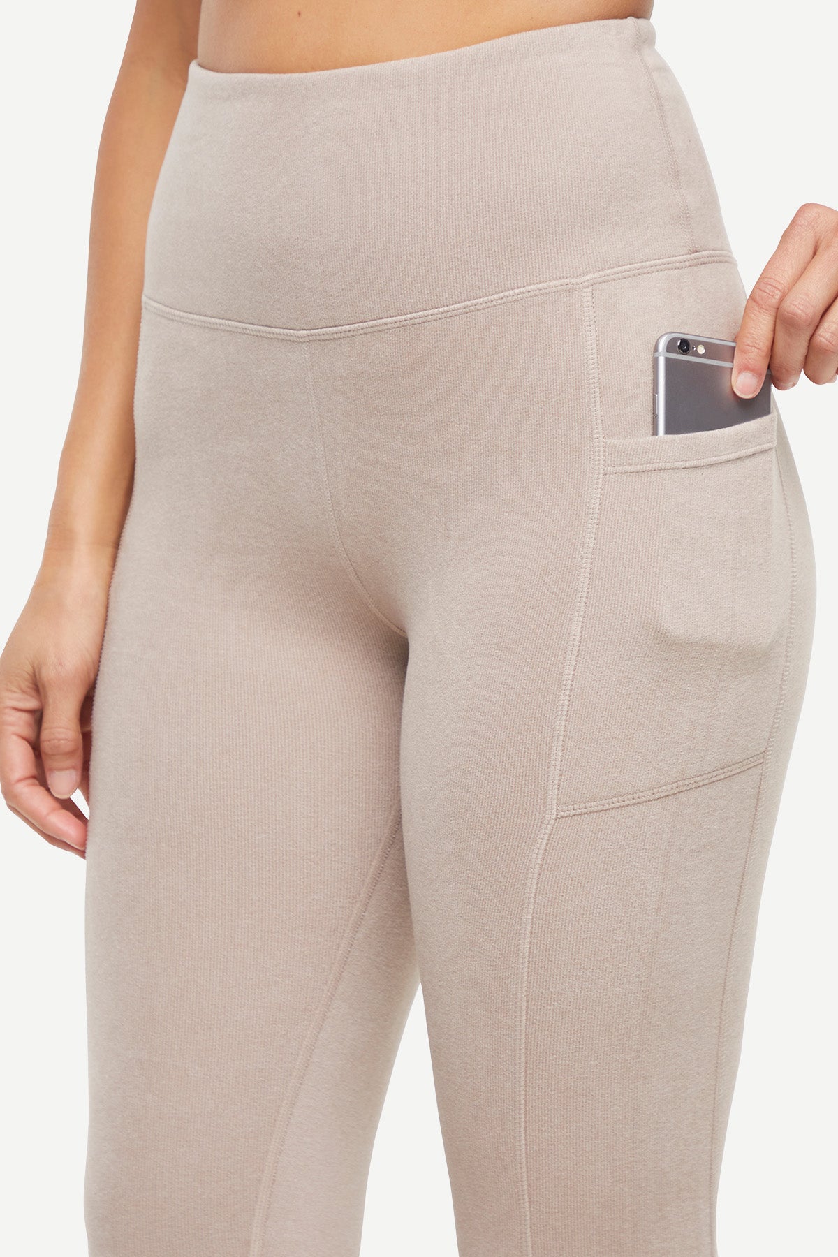 Riley Side Pocket Legging - Heather Atmosphere, alternate angle view, showing visible design features and texture of the stretch knit fabric.. 