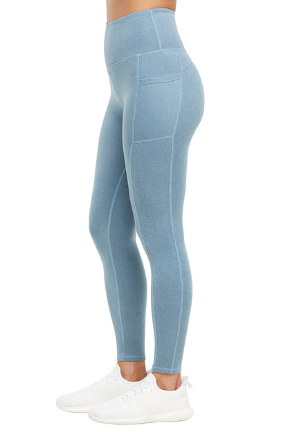 Riley Side Pocket Legging - Heather Bluestone, alternate angle view, showing visible design features and texture of the stretch knit fabric.. 