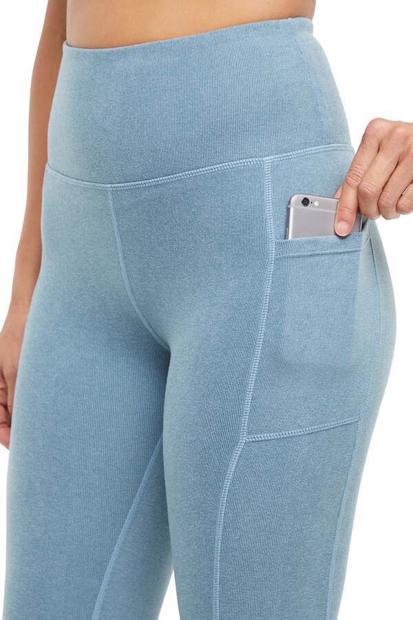 Riley Side Pocket Legging - Heather Bluestone, close-up view of fabric and stitching, showing visible design features and texture of the stretch.. 