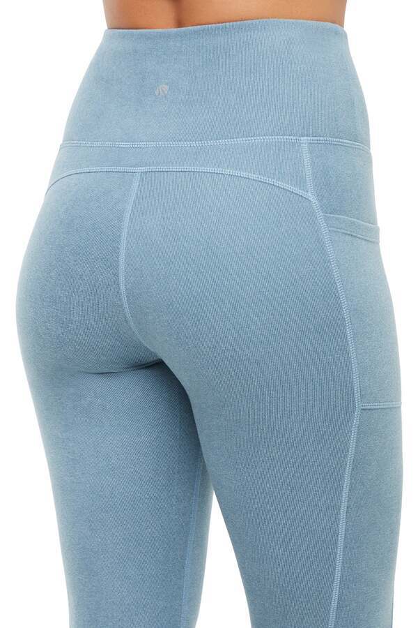Riley Side Pocket Legging - Heather Bluestone, side view showing pocket placement, showing visible design features and texture of the stretch knit.. 