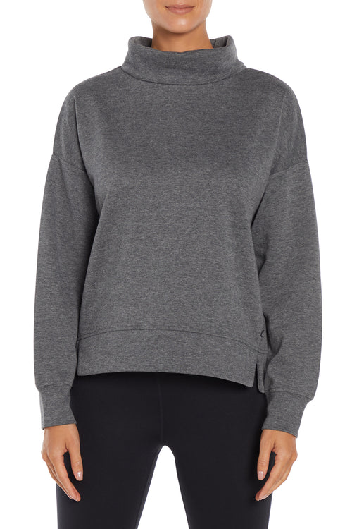 Alana Pullover, front view, showing visible design features and texture of the soft knit fabric.. #color_heather-black