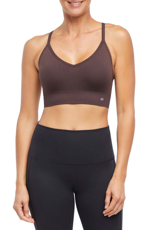 2 Pack London Seamless Sports Bra - Tuffet Black Coffee, side view showing pocket placement, showing visible design features and texture of the soft.. #color_tuffet-black-coffee