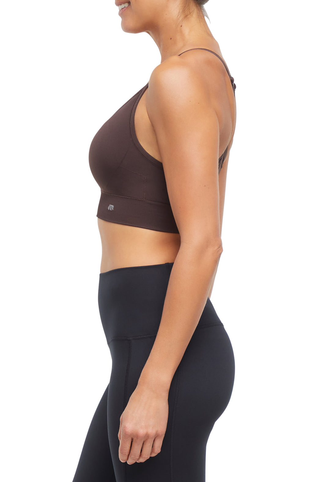 2 Pack London Seamless Sports Bra - Tuffet Black Coffee, alternate angle view, showing visible design features and texture of the soft knit fabric.. #color_tuffet-black-coffee