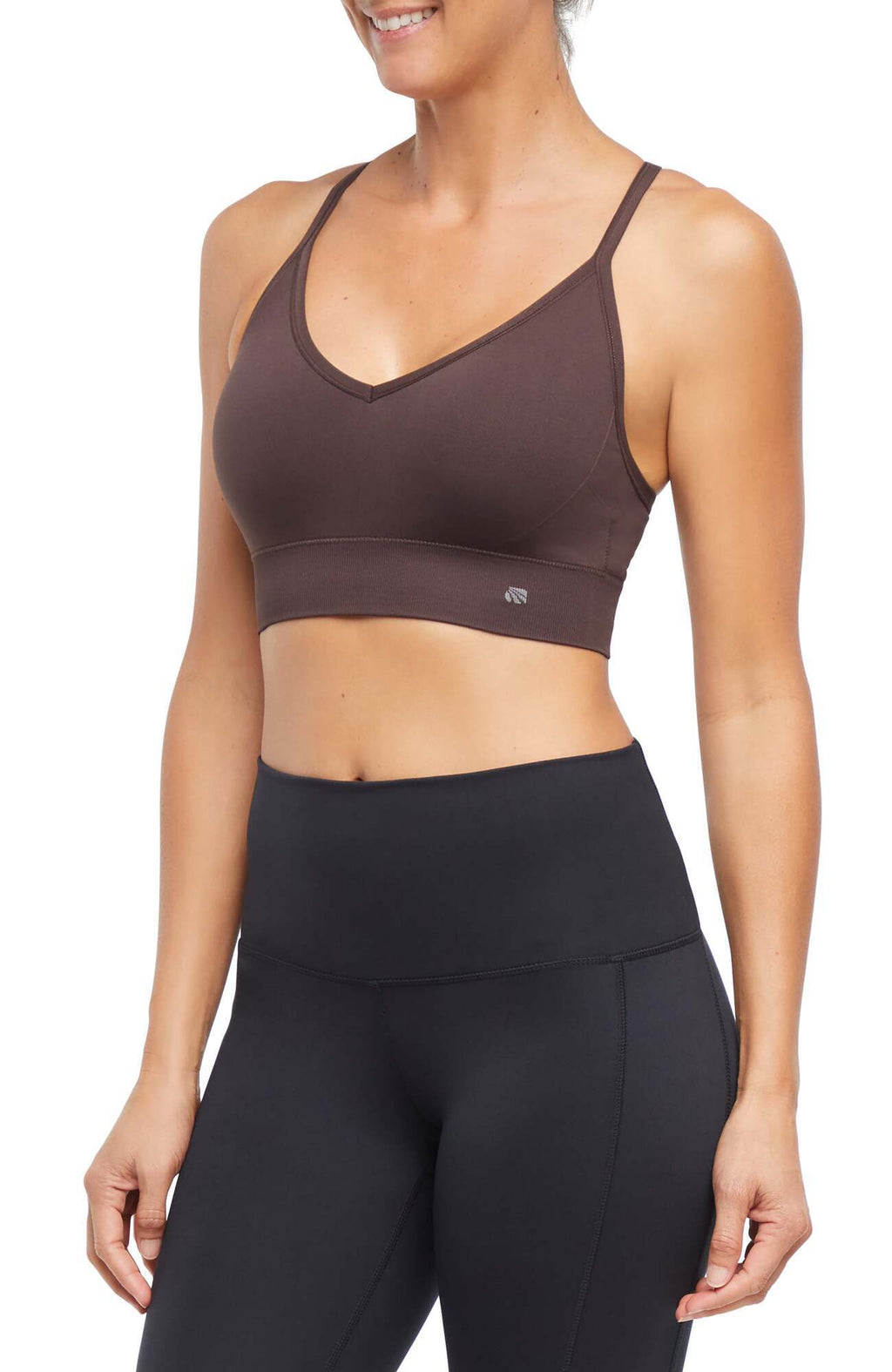 2 Pack London Seamless Sports Bra - Tuffet Black Coffee, alternate angle view, showing visible design features and texture of the soft knit fabric.. #color_tuffet-black-coffee