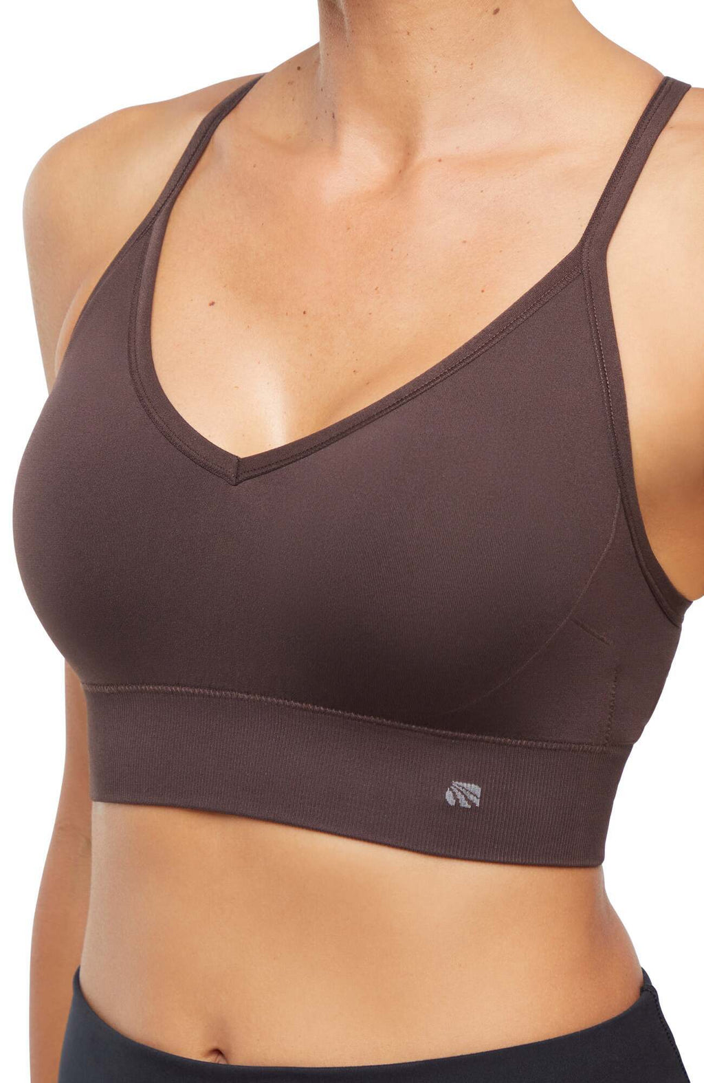 2 Pack London Seamless Sports Bra - Tuffet Black Coffee, alternate angle view, showing visible design features and texture of the soft knit fabric.. #color_tuffet-black-coffee