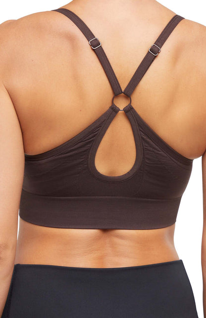 2 Pack London Seamless Sports Bra - Tuffet Black Coffee, close-up view of fabric and stitching, showing visible design features and texture of the.. 