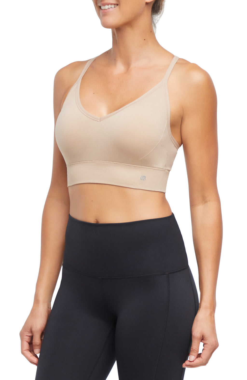 2 Pack London Seamless Sports Bra - Tuffet Black Coffee, alternate angle view, showing visible design features and texture of the soft knit fabric.. #color_tuffet-black-coffee