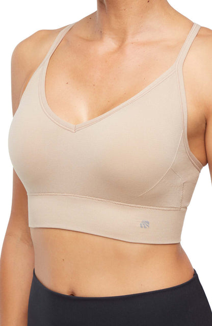 2 Pack London Seamless Sports Bra - Tuffet Black Coffee, alternate angle view, showing visible design features and texture of the soft knit fabric.. 