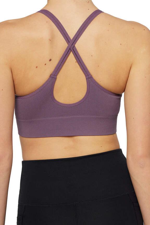 2 Pack Annie Seamless Sports Bra, close-up view of fabric and stitching, showing visible design features and texture of the soft knit fabric.. #color_vintage-violet-gardenia