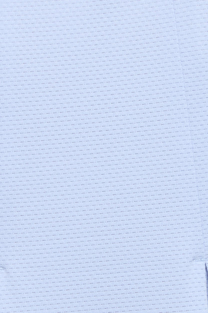 A close-up of a light blue textured fabric with a fine, woven grid-like pattern. 