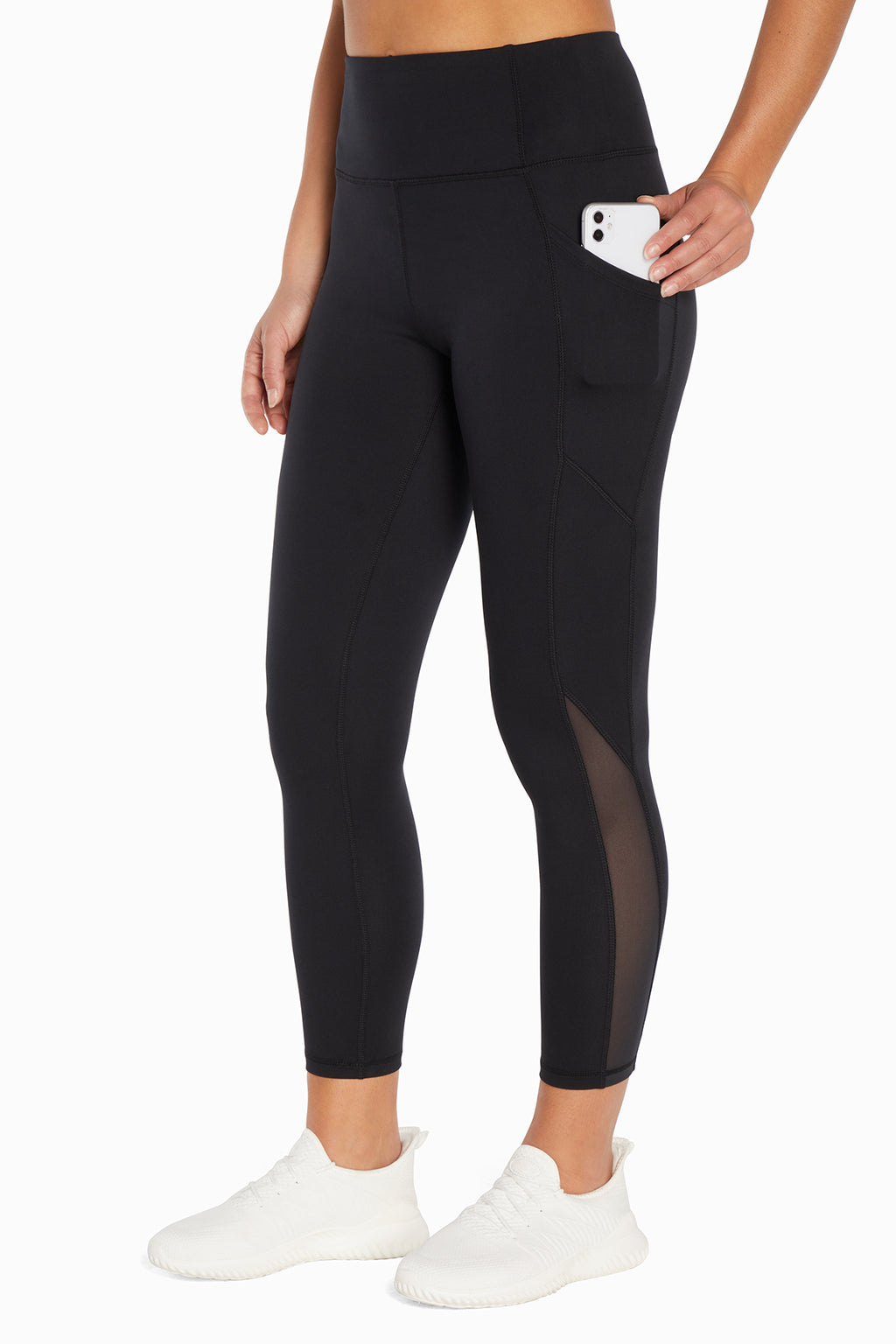 Kira Side Pocket Ankle Legging - Black, front view, showing visible design features and texture of the stretch knit fabric.. #color_black