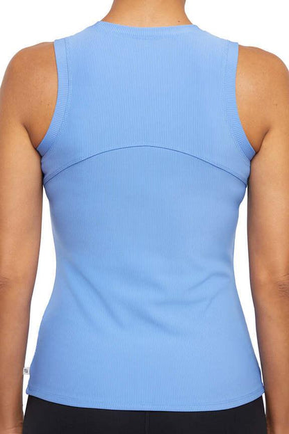 Janie Rib Tank - Granada Sky, alternate angle view, showing visible design features and texture of the soft knit fabric.. 
