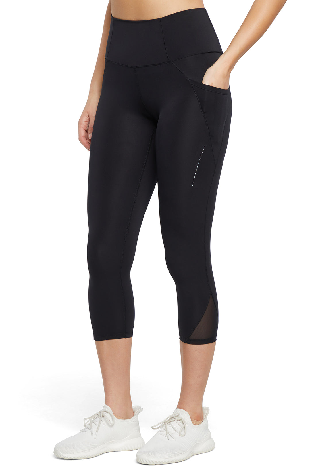 Jenny Side Pocket Mid Calf Capri - Black, front view, showing visible design features and texture of the soft knit fabric..