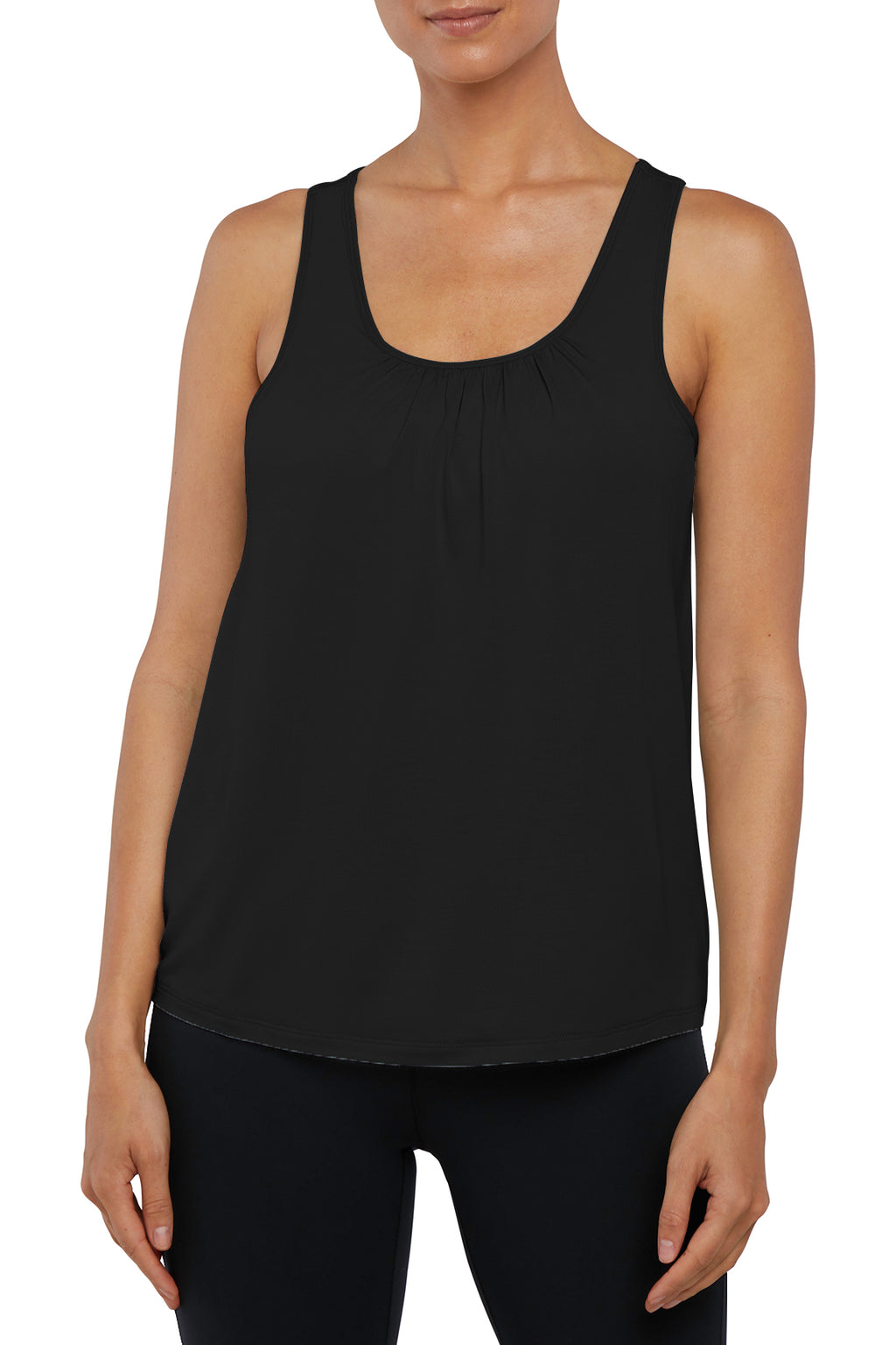 Anaya 2-Layer Tank, front view, showing visible design features and texture of the soft knit fabric.. #color_black