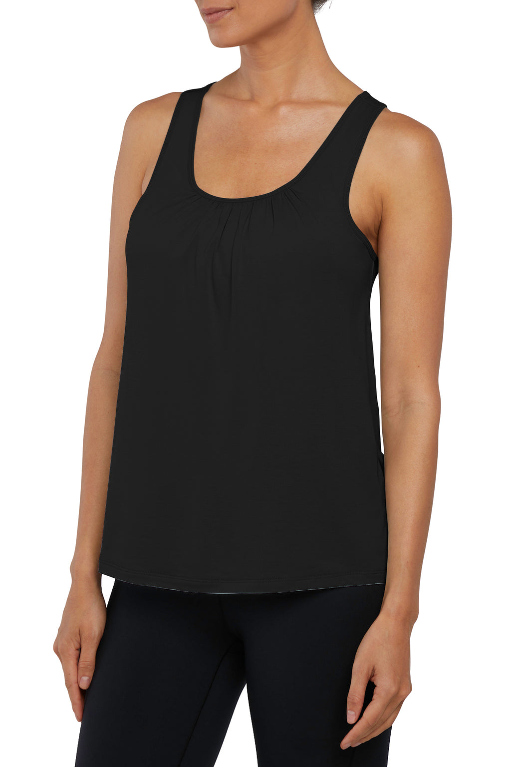 Anaya 2-Layer Tank, alternate angle view, showing visible design features and texture of the soft knit fabric.. #color_black