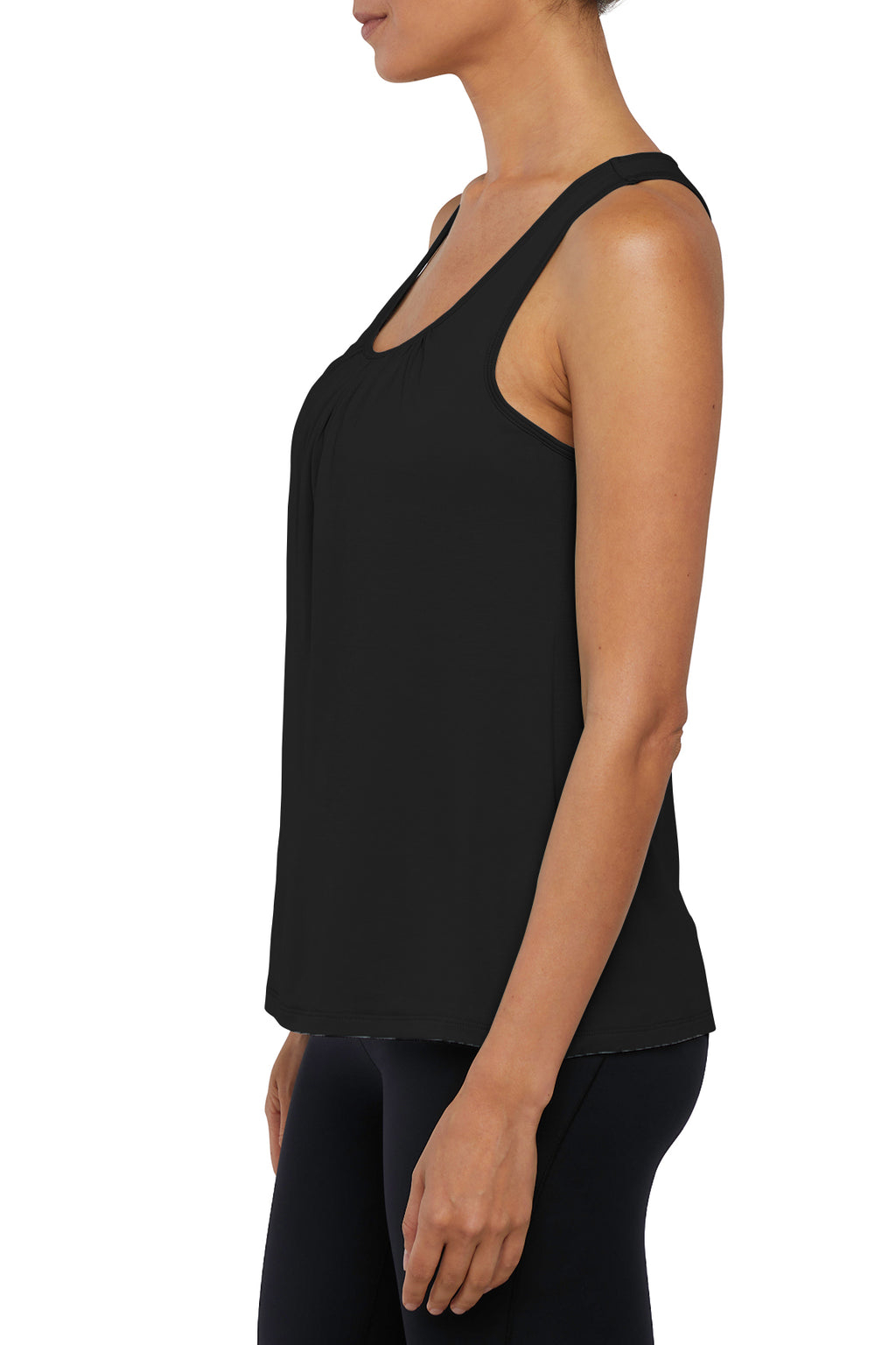 Anaya 2-Layer Tank, close-up view of fabric and stitching, showing visible design features and texture of the soft knit fabric.. #color_black